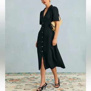 Rihoas Black V Neck Button Puff Sleeve Midi Dress